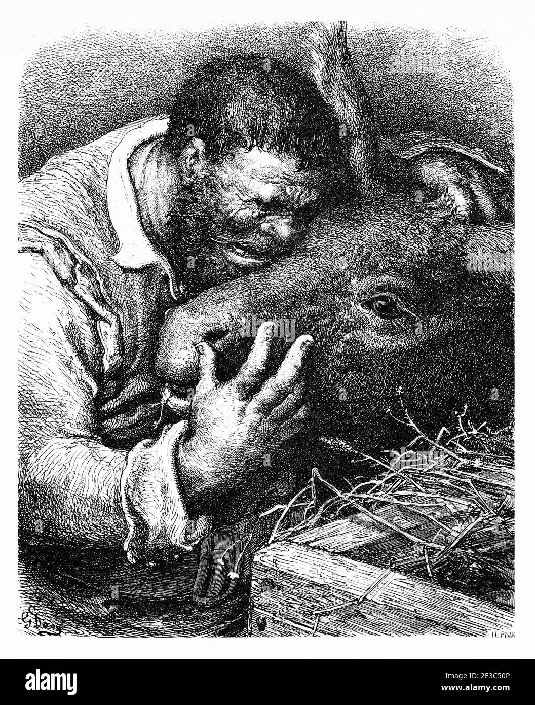 Sancho panza grida al suo asino. Don Chisciotte di Miguel de Cervantes Saavedra. Antica illustrazione dell'incisione del XIX secolo di Gustave Dore Foto Stock