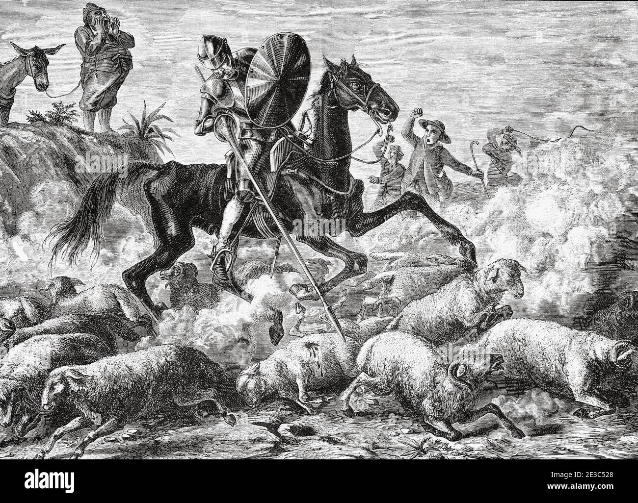 Don Chisciotte combatte contro un gregge di pecore. Don Chisciotte di Miguel de Cervantes Saavedra. Antica illustrazione dell'incisione del XIX secolo di Gustave Dore Foto Stock