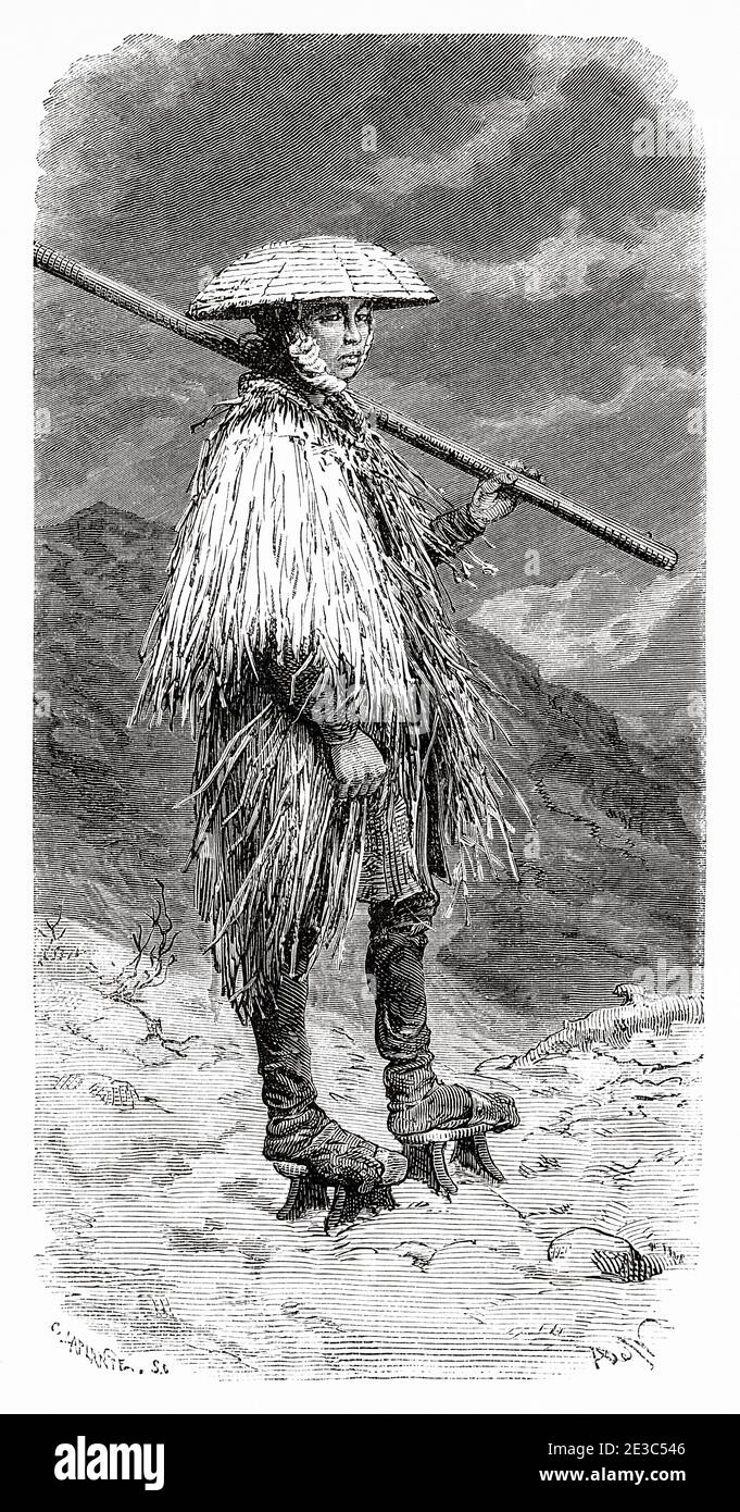 Contadino giapponese in abiti invernali, Giappone. Vecchio 19 ° secolo inciso illustrazione viaggio in Giappone di Aime Humbert da El Mundo en la mano 1879 Foto Stock