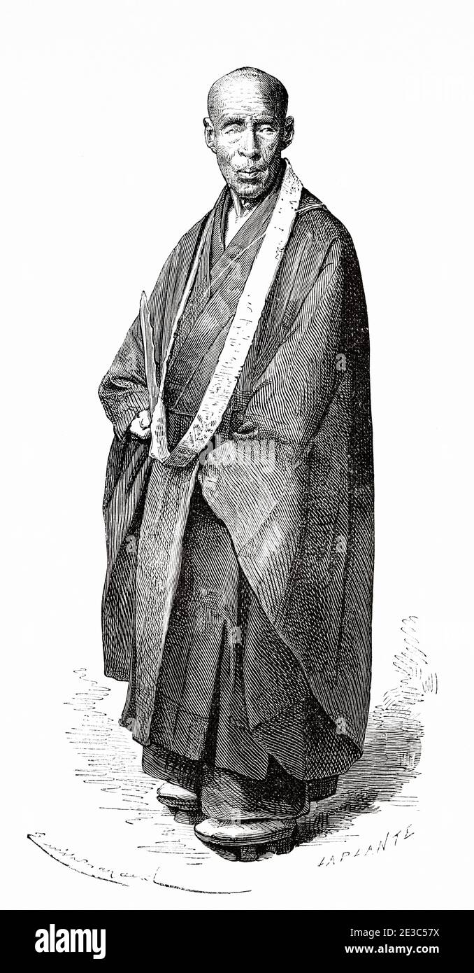 Monaco senior Bonzo Buddiste, Giappone. Vecchio 19 ° secolo inciso illustrazione viaggio in Giappone di Aime Humbert da El Mundo en la mano 1879 Foto Stock