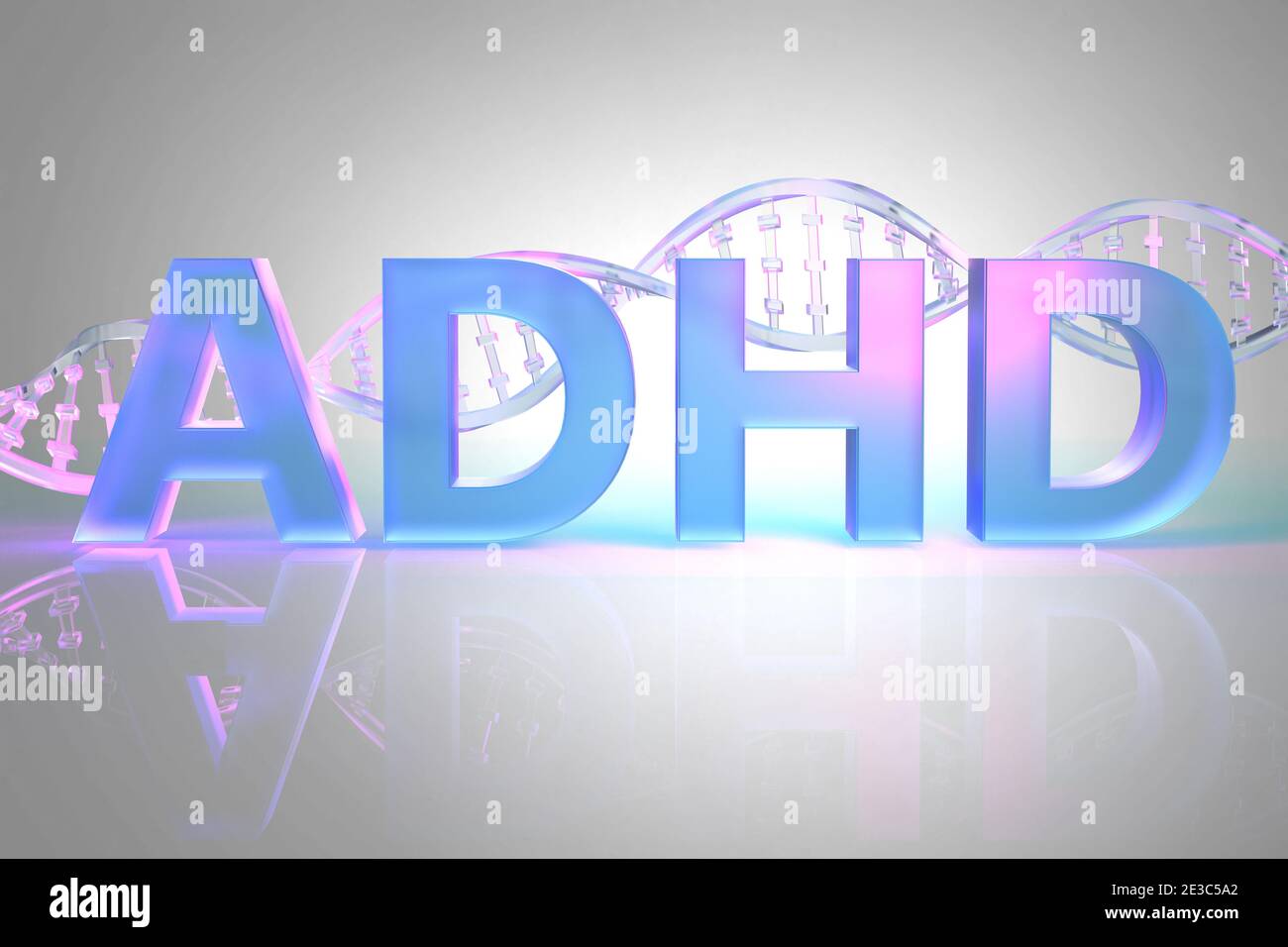 Parola ADHD e catena del DNA sullo sfondo. Il concetto di ereditabilità dell'ADHD e dei cambiamenti nei geni. illustrazione 3d Foto Stock