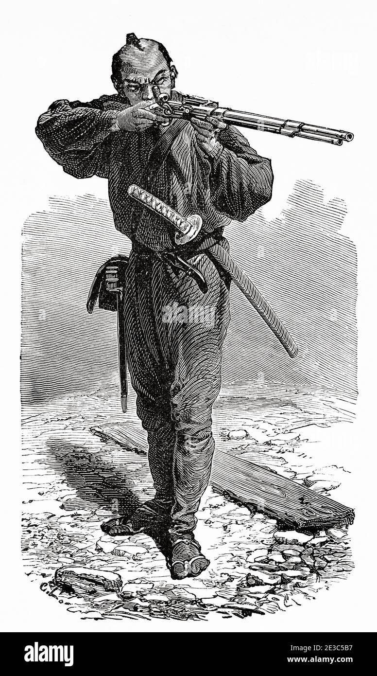 Soldato di Taykun, Giappone. Vecchio 19 ° secolo inciso illustrazione viaggio in Giappone di Aime Humbert da El Mundo en la mano 1879 Foto Stock