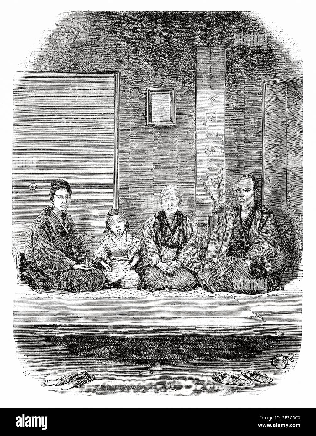 La famiglia dei commercianti, Tokyo, Giappone. Vecchio 19 ° secolo inciso illustrazione viaggio in Giappone di Aime Humbert da El Mundo en la mano 1879 Foto Stock