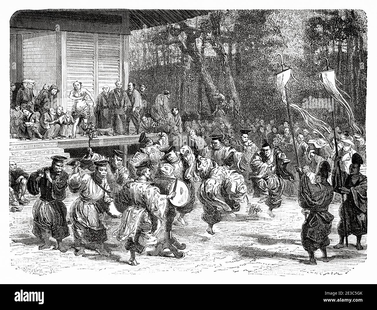 Komainu Parade dance, Giappone. Vecchio 19 ° secolo inciso illustrazione viaggio in Giappone di Aime Humbert da El Mundo en la mano 1879 Foto Stock