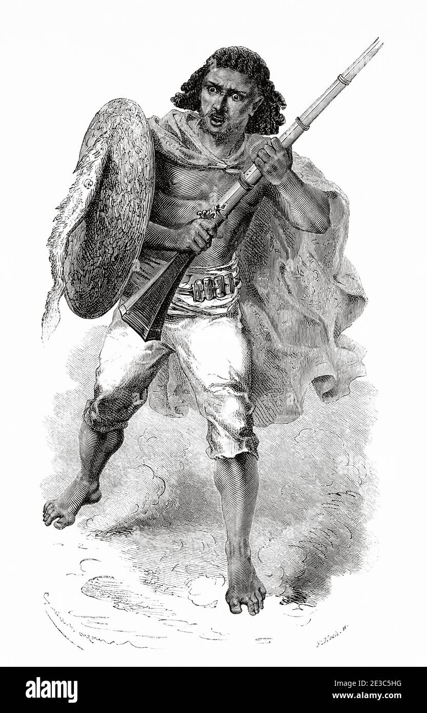 Gioco, un guerriero coraggioso, Etiopia. Inciso il vecchio 19 ° secolo, narrazione di un viaggio attraverso Abyssinia di Guillaume Lejean da El Mundo en la mano 1879 Foto Stock Gioco, un guerriero coraggioso, Etiopia. Inciso il vecchio 19 ° secolo, narrazione di un viaggio attraverso Abyssinia di Guillaume Lejean da El Mundo en la mano 1879 Foto Stock