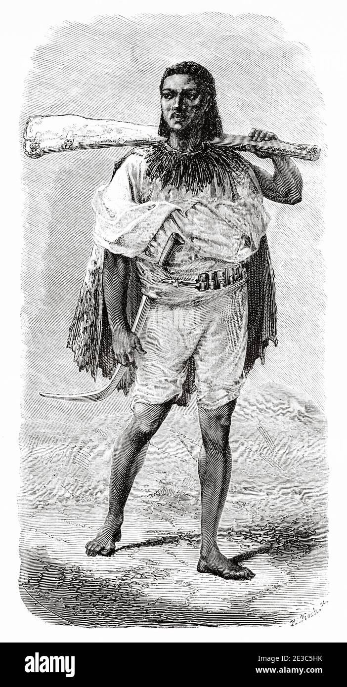 Rifleman abissino, Etiopia. Inciso il vecchio 19 ° secolo, narrazione di un viaggio attraverso Abyssinia di Guillaume Lejean da El Mundo en la mano 1879 Foto Stock