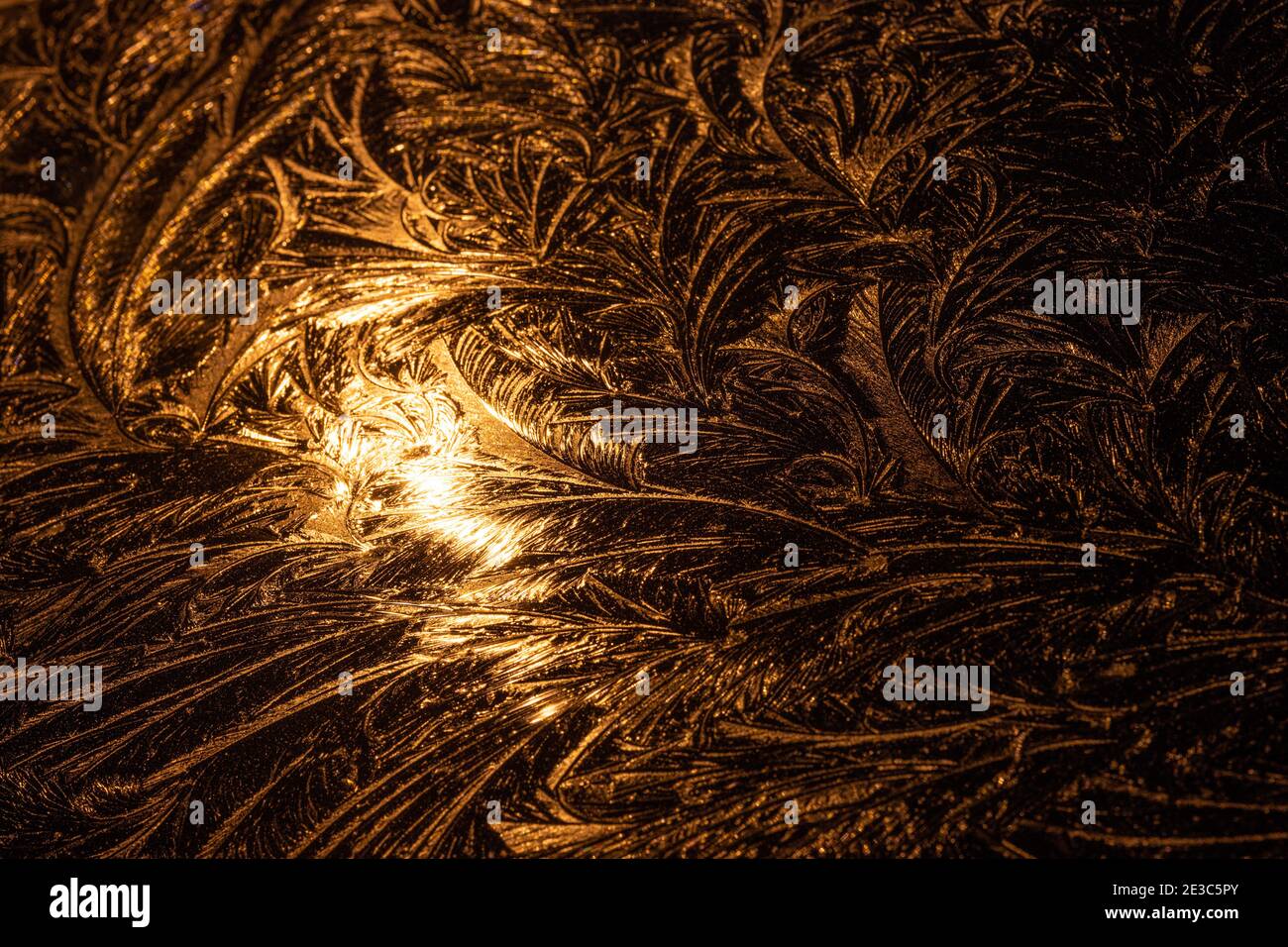Modelli di ghiaccio o di gelo formati sulla carrozzeria di un'automobile durante una notte fredda di gelo, Inghilterra, Regno Unito. Felci gelo, frattali, pattern Foto Stock
