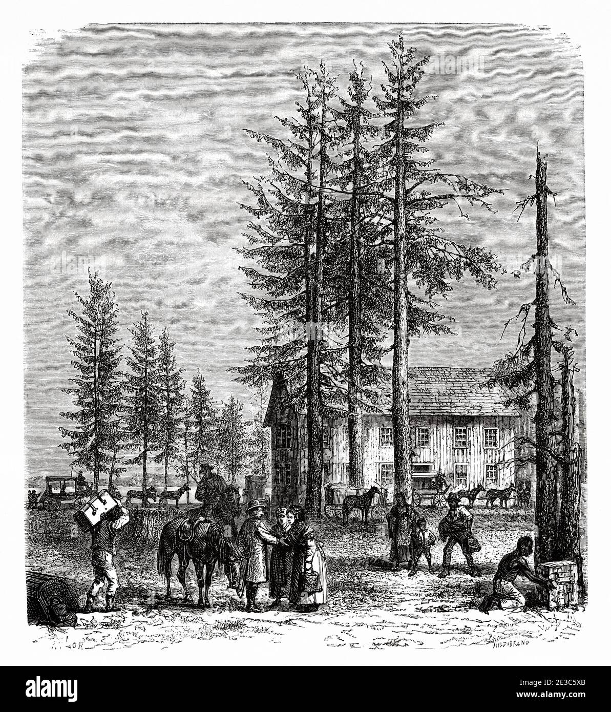 Pollard Station sul lago Donner, California, Stati Uniti d'America. Antica illustrazione incisa del 19 ° secolo. Viaggio da Washington a San Francisco in Louis Laurent Simonin da El Mundo en la mano 1879 Foto Stock