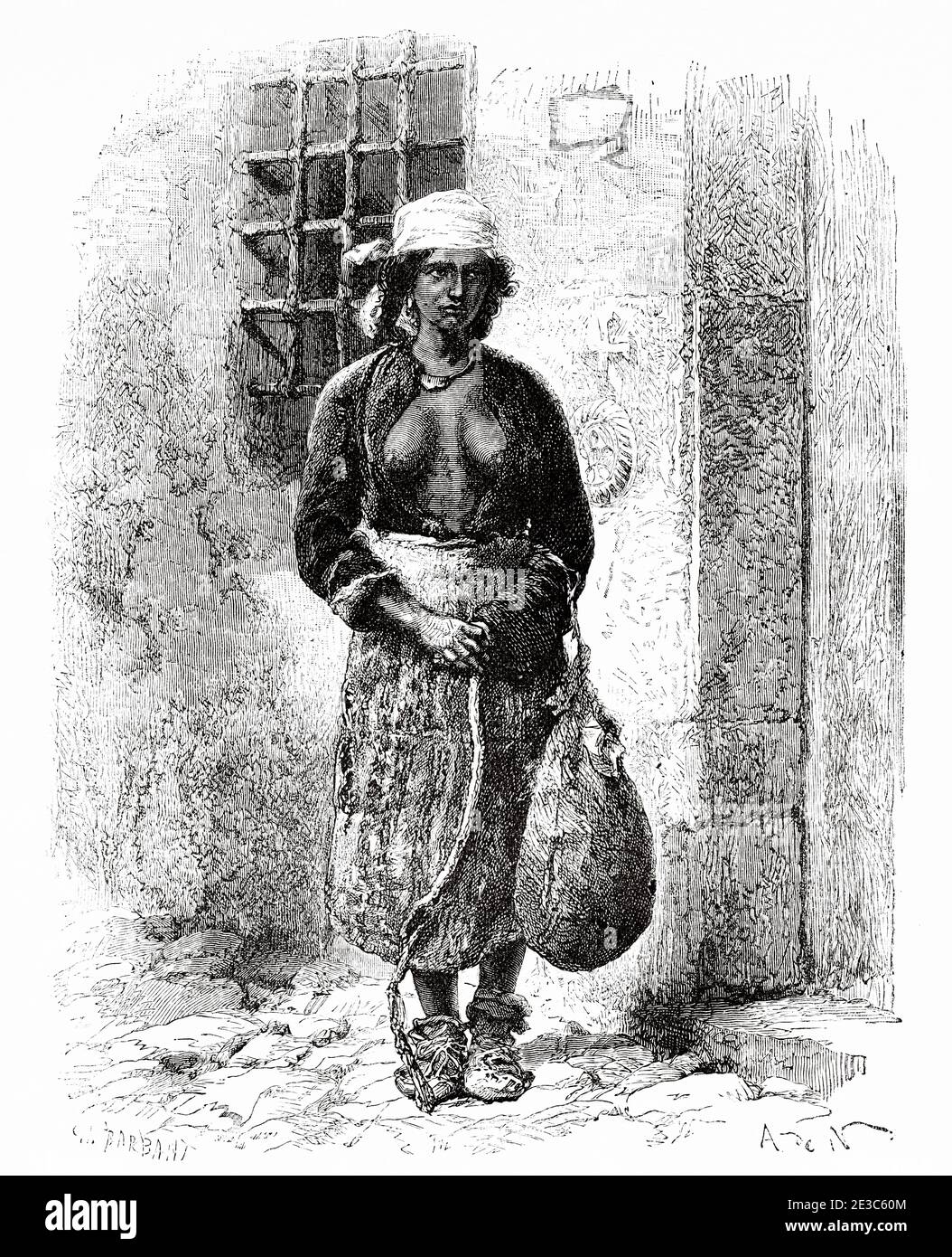 Una donna gitana bulgara, Bulgaria. Antica illustrazione incisa del 19 ° secolo. Viaggio in Bulgaria con Guillaume Lejan da El Mundo en la mano 1879 Foto Stock