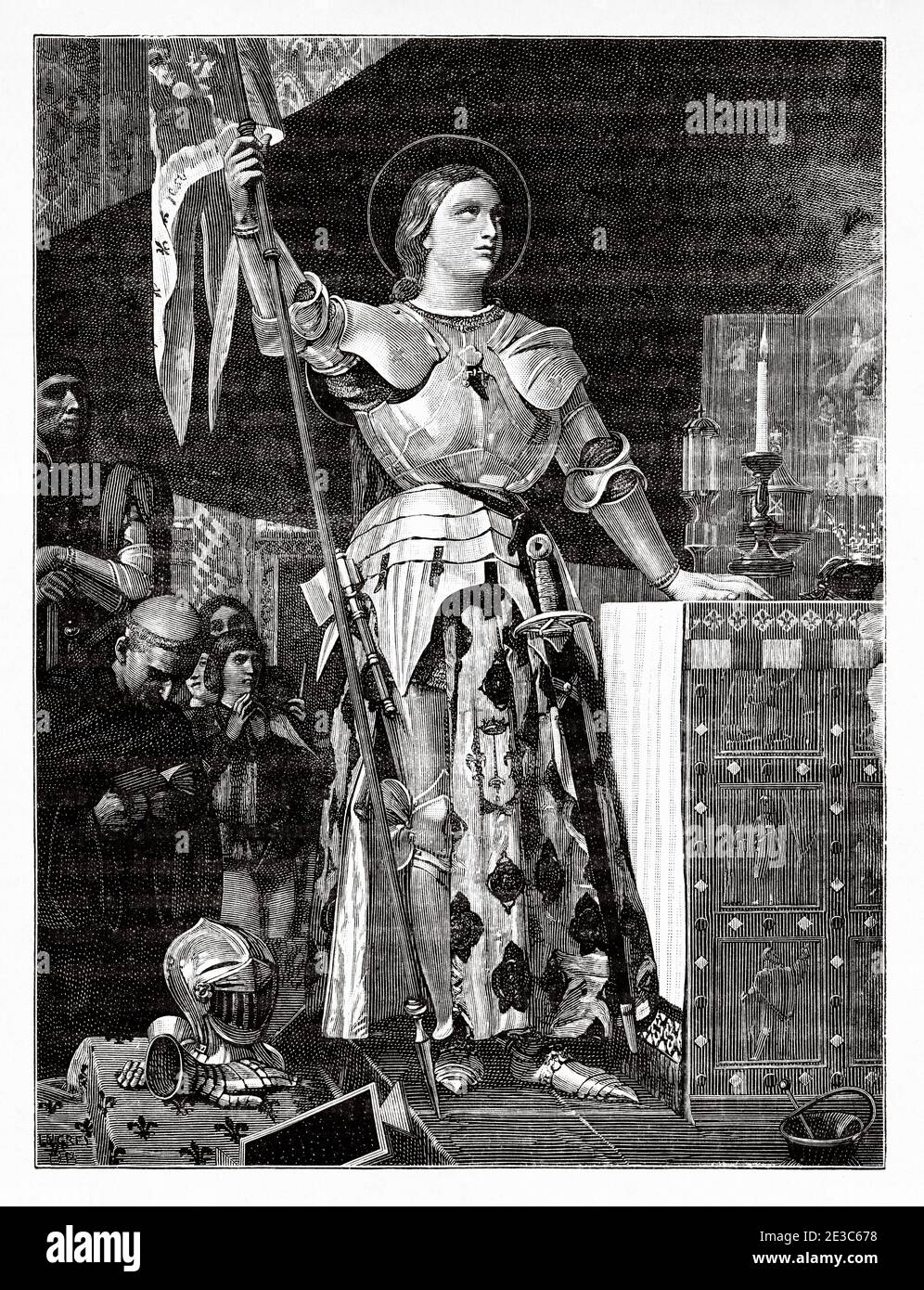 Ritratto di Giovanna d'Arco all'incoronazione di Carlo VII nella Cattedrale di Reims. Jeanne d'Arc (1412-1431) soprannominata la Maid of Orleans. La Pucelle d'Orléans. Eroina di Francia per il suo ruolo durante la fase di Lancaster della Guerra dei cent'anni, e fu canonizzata come santa cattolica. Bruciato al palo il 30 maggio 143. Simbolo della Lega Cattolica. Simbolo nazionale della Francia per decisione di Napoleone Bonaparte. Beatificato nel 1909 e canonizzato nel 1920. Francia. Les Français Illubres di Gustave Demoulin 1897 Foto Stock