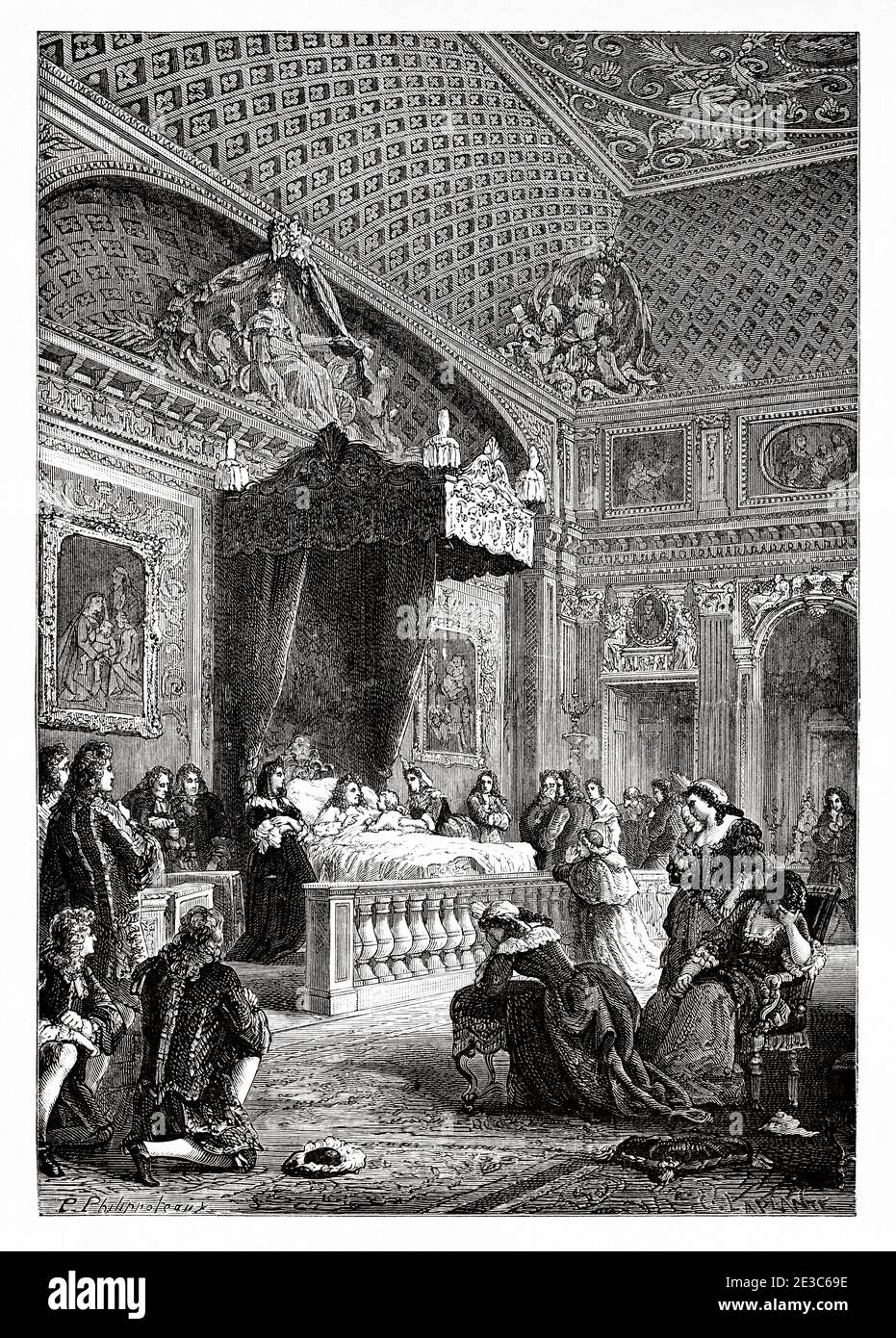 La morte di Luigi XIV a Versailles, 1 settembre 1715. Francia. Antica illustrazione dell'incisione del XIX secolo. Les Français Illubres di Gustave Demoulin 1897 Foto Stock