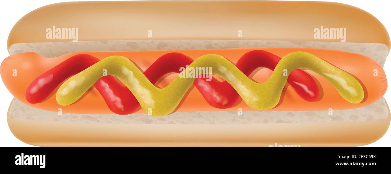 Hot dog con ketchup e senape isolati su sfondo bianco. Illustrazione vettoriale fotorealistica. Illustrazione Vettoriale