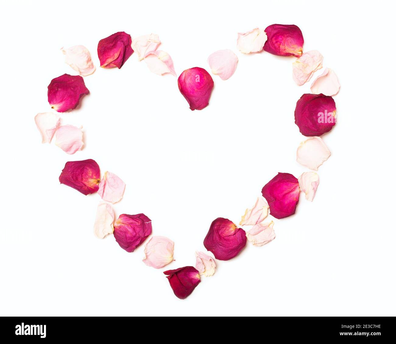 Cuore di petali di rosa e rosso. Cornice a forma di cuore su sfondo bianco. Romantico sfondo floreale modello Foto Stock