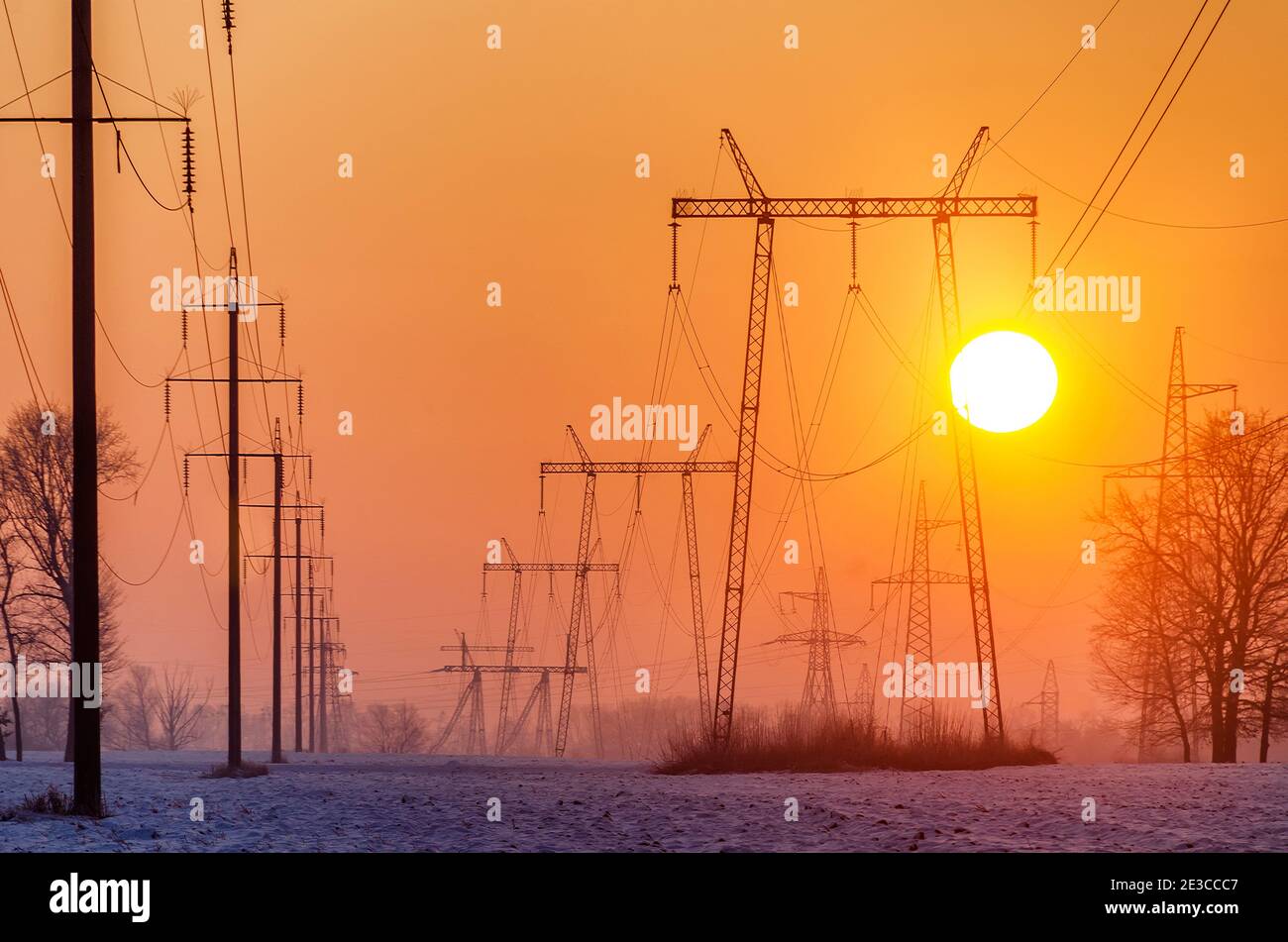 Linee elettriche nella fredda mattina d'inverno. Distribuzione di energia ed elettricità in inverno. Foto Stock