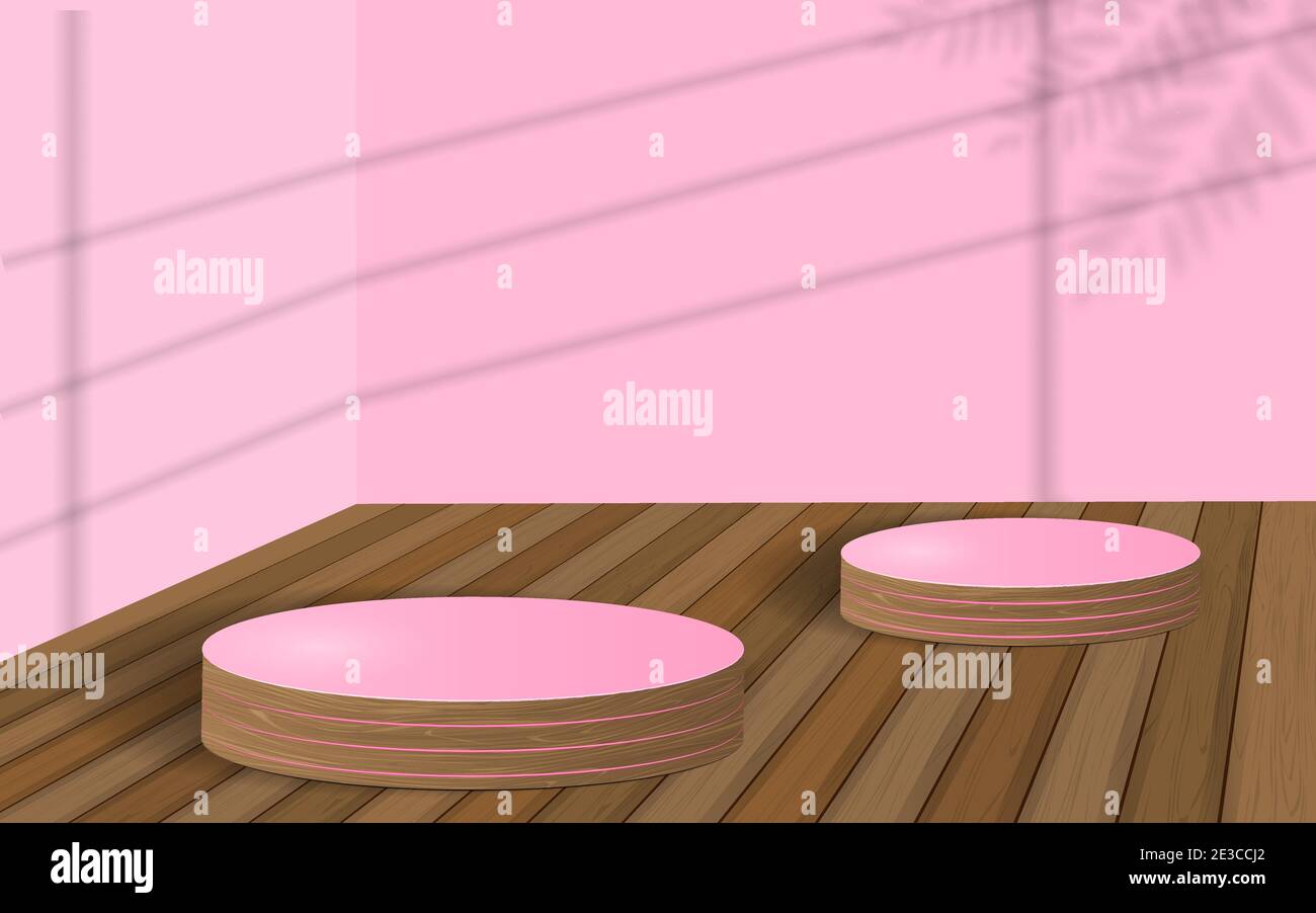 scena minima con forme geometriche. podio in legno a cilindro su sfondo viola con foglie d'ombra. Scena per mostrare prodotti cosmetici, Showcase, Shopfront, Illustrazione Vettoriale