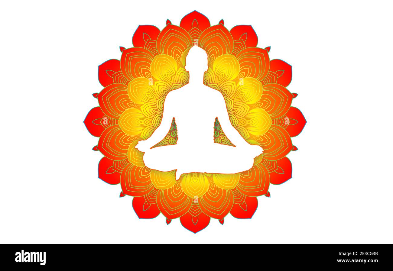 Mandala con meditazione uomo zen silhouette. Simbolo del risveglio e della consapevolezza del Buddismo. Foto Stock