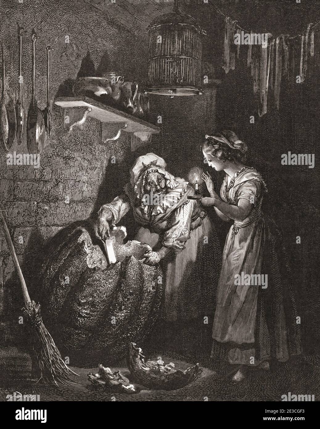 Cenerentola. Dopo un lavoro del 19 ° secolo da Gustave Dore. Qui, la Fata Godmother lavora per trasformare una zucca in una carrozza d'oro in modo che Cenerentola possa partecipare alla palla. Foto Stock