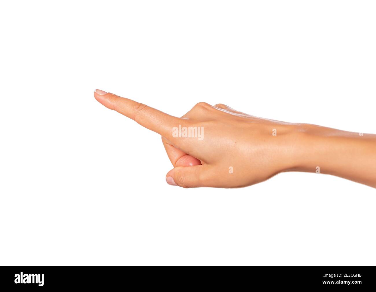 La mano femmina punta un dito isolato su uno sfondo bianco. Foto Stock