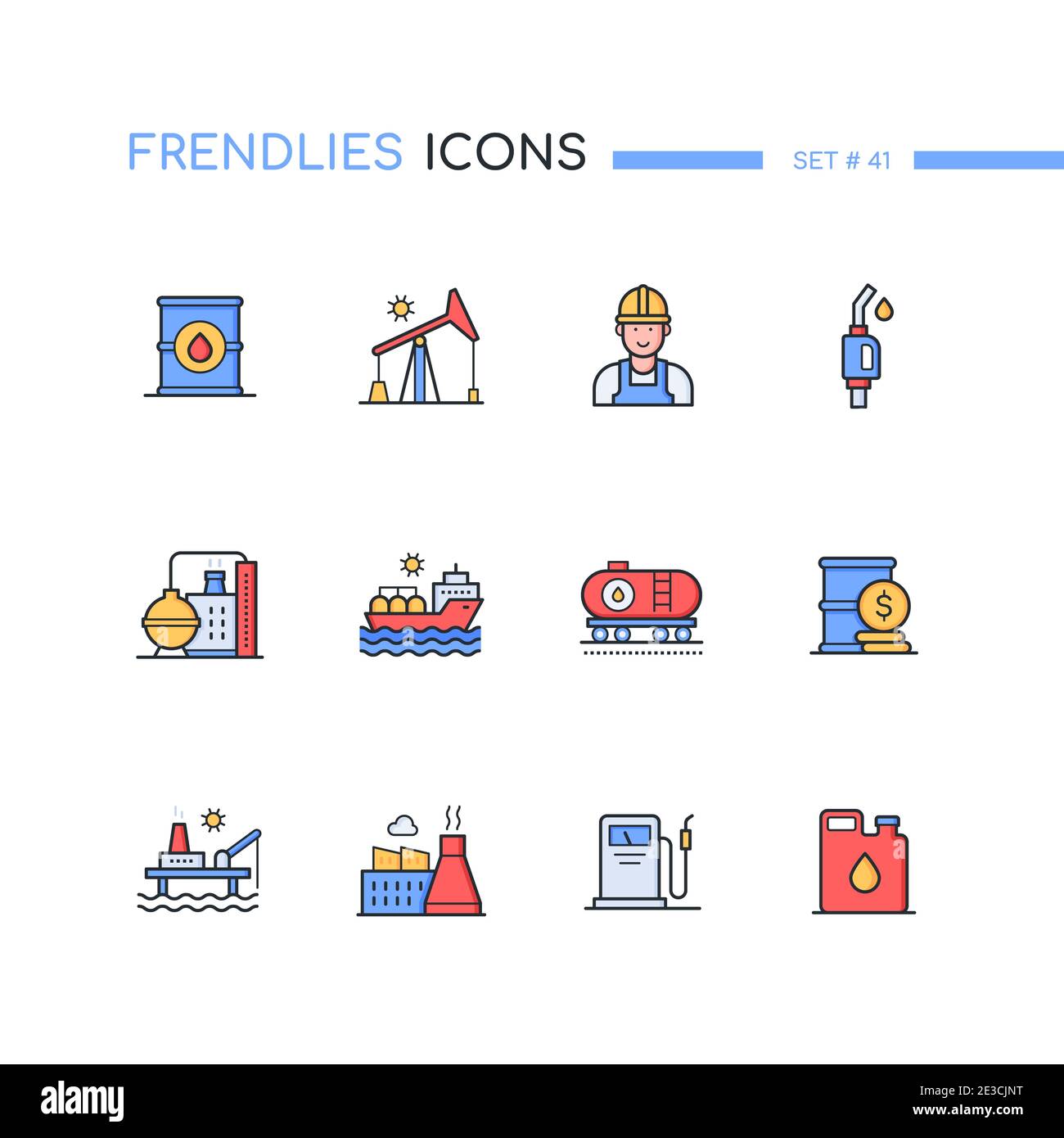 Industria petrolifera - Set di icone di stile moderno. Barile, pompa, lavoratore, impianto, raffineria, autocisterna, serbatoio del combustibile e ugello, prezzi, piattaforma, stazione del gas, Illustrazione Vettoriale