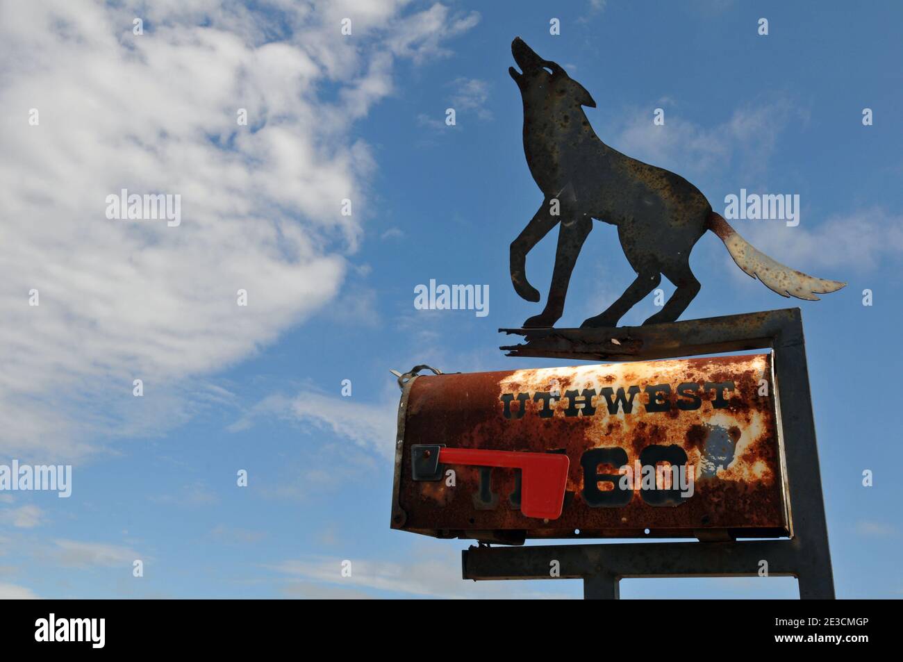 A Rolla, Missouri, si trova una capiente casella postale a lato della strada con una silhouette di una coyote. Foto Stock