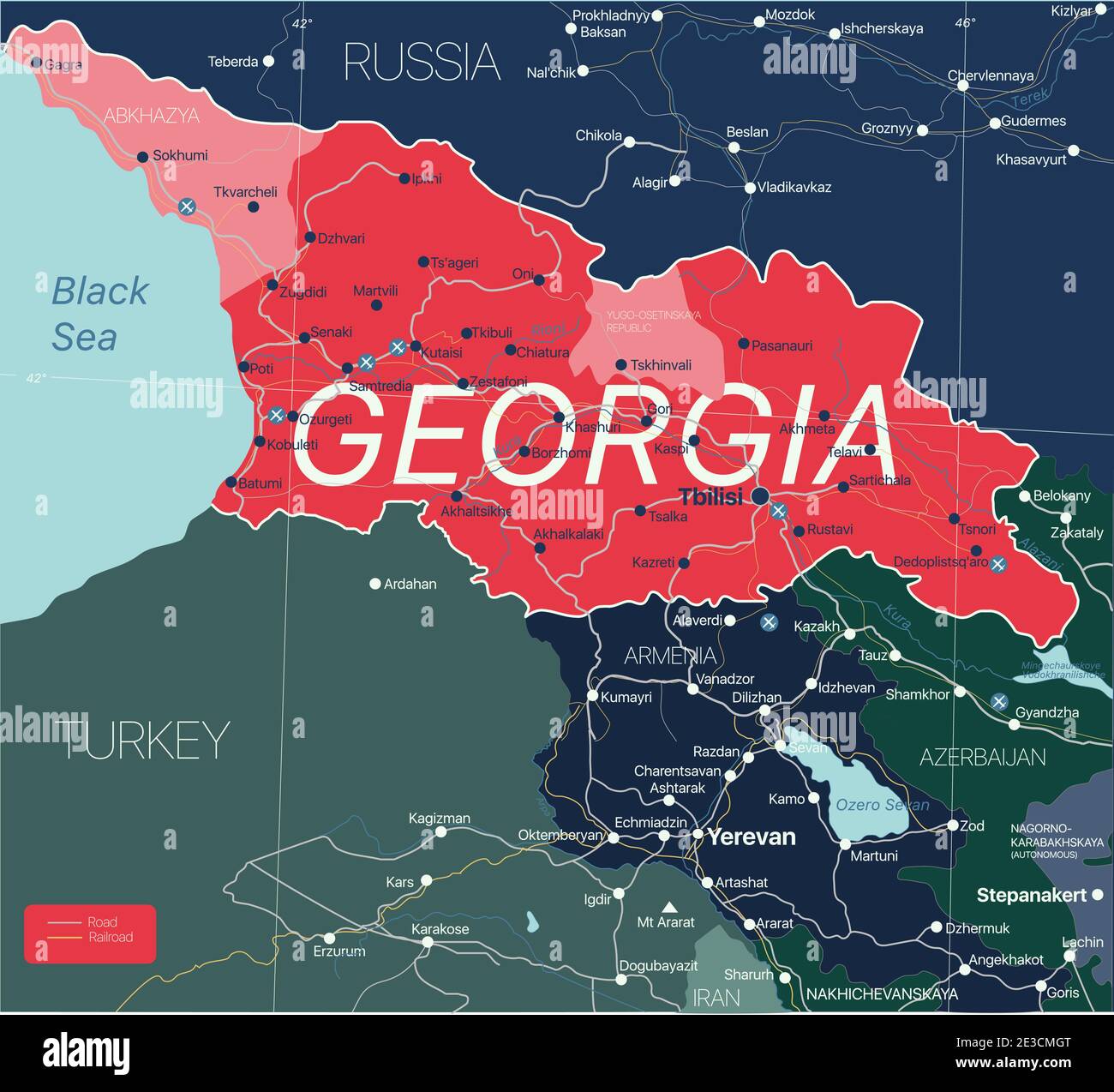 Georgia paese Mappa dettagliata modificabile con regioni città e città, strade e ferrovie, siti geografici. File vettoriale EPS-10 Illustrazione Vettoriale