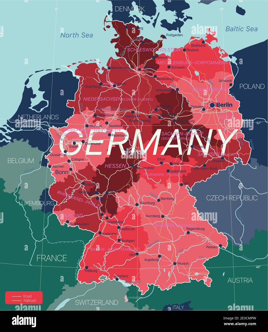 Germania Paese Mappa dettagliata modificabile con regioni città e città, strade e ferrovie, siti geografici. File vettoriale EPS-10 Illustrazione Vettoriale