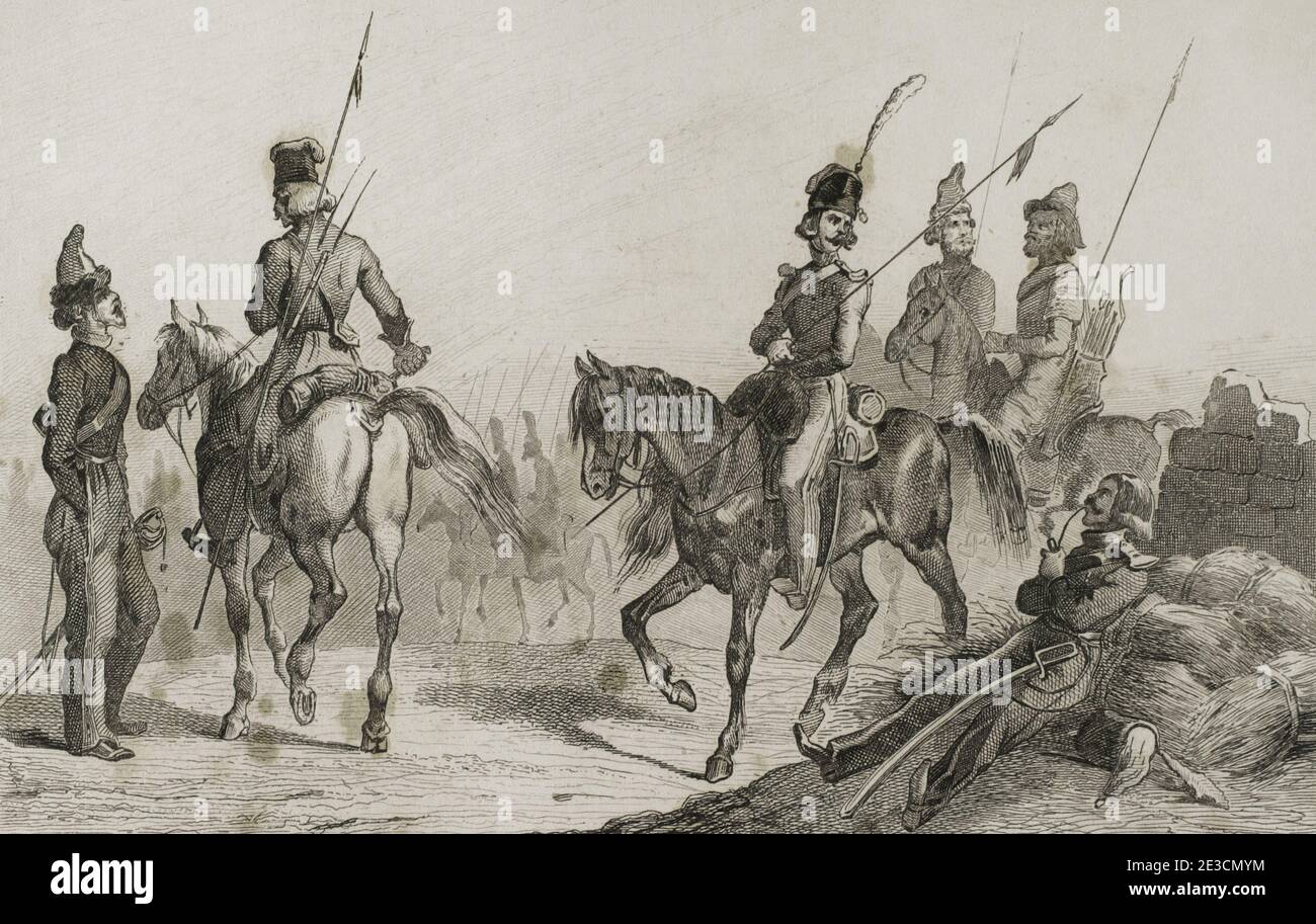 Cosacchi. Incisione di Lemaitre, Vernier e Masson. Storia della Russia di Jean Marie Chopin (1796-1870). Panorama Universal, edizione spagnola, 1839. Foto Stock