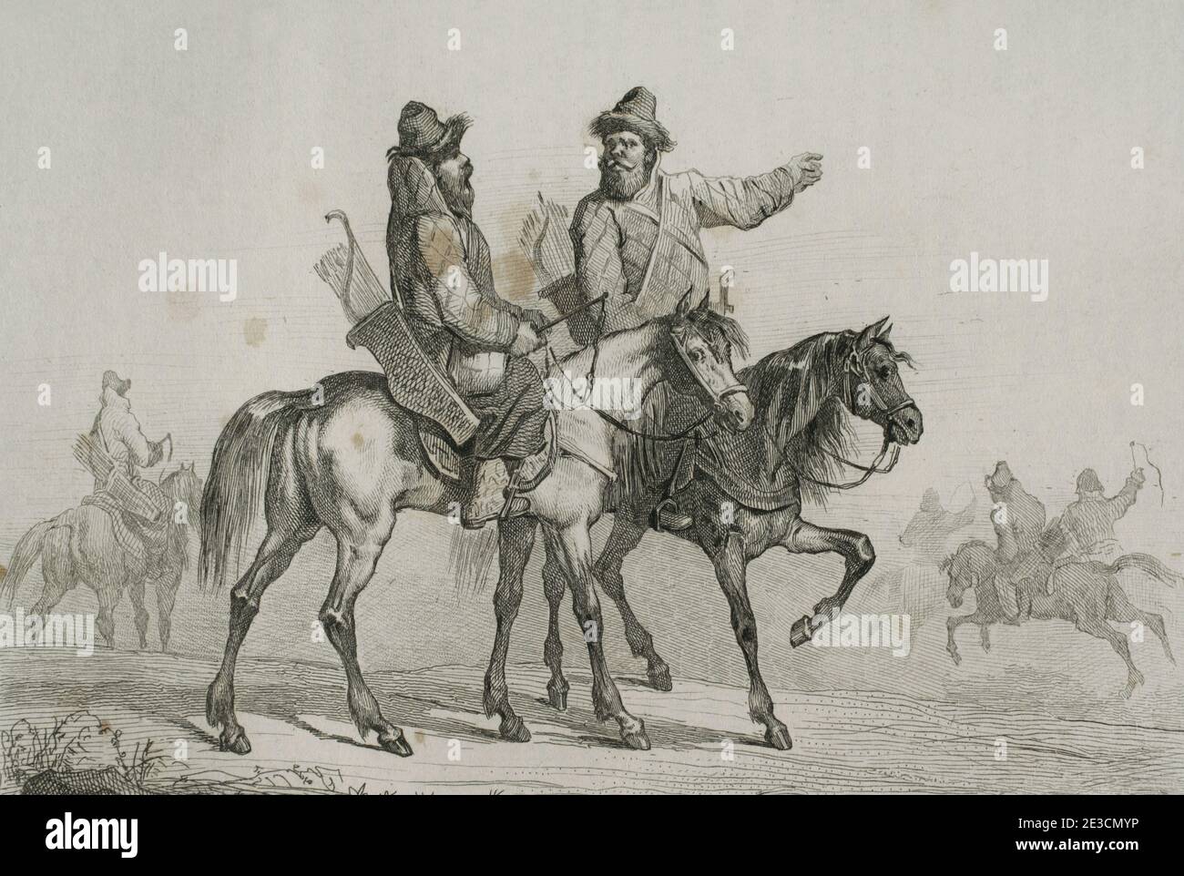 Tatar Knights. Incisione di Lemaitre, Vernier e Masson. Storia della Russia di Jean Marie Chopin (1796-1870). Panorama Universal, edizione spagnola, 1839. Foto Stock