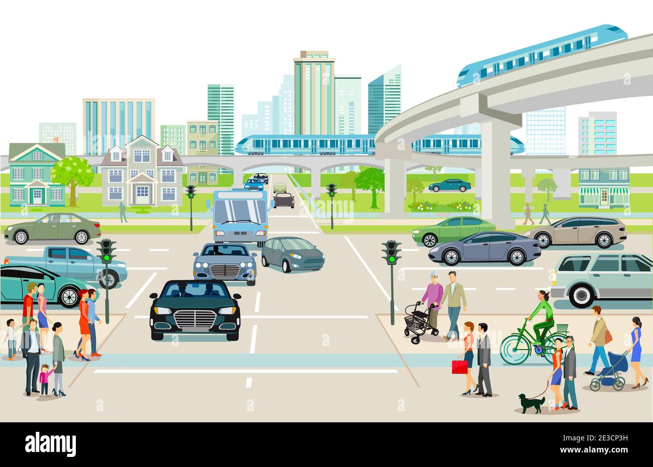 Trasporto con treno sopraelevato, autobus e mezzi di trasporto su strada Illustrazione Vettoriale