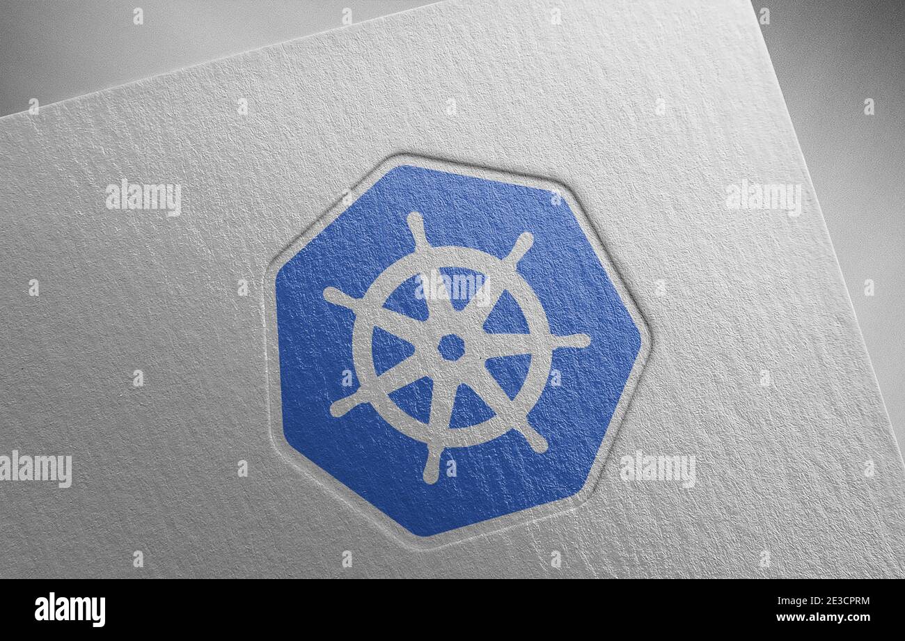 illustrazione della tessitura della carta con il logo dei kubernets Foto Stock