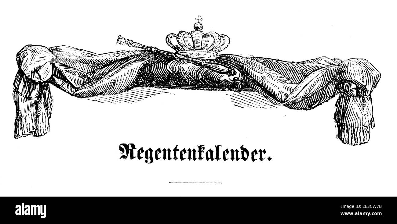 Calendario del Reggente svizzero che menziona la nobiltà e i governanti europei, diplomatici in quel periodo, con motivi corrispondenti, San Gallo Svizzera 1853 Foto Stock