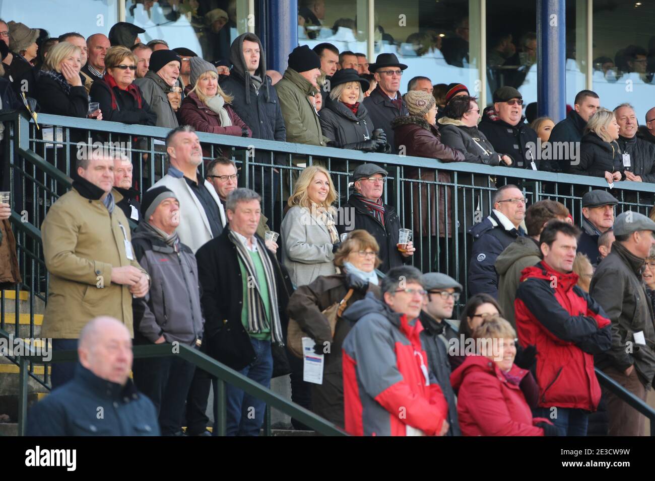 Incontro di Capodanno all'ippodromo di Ayr, 2 gennaio 2018. Le folle in tribuna allietano la corsa Foto Stock