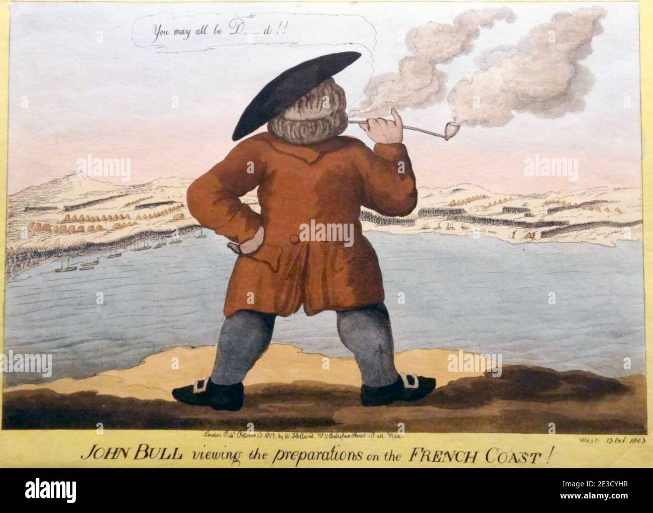 JOHN BULL effettua indagini sulla costa francese nel 1805 guardando i preparativi per l'invasione Foto Stock