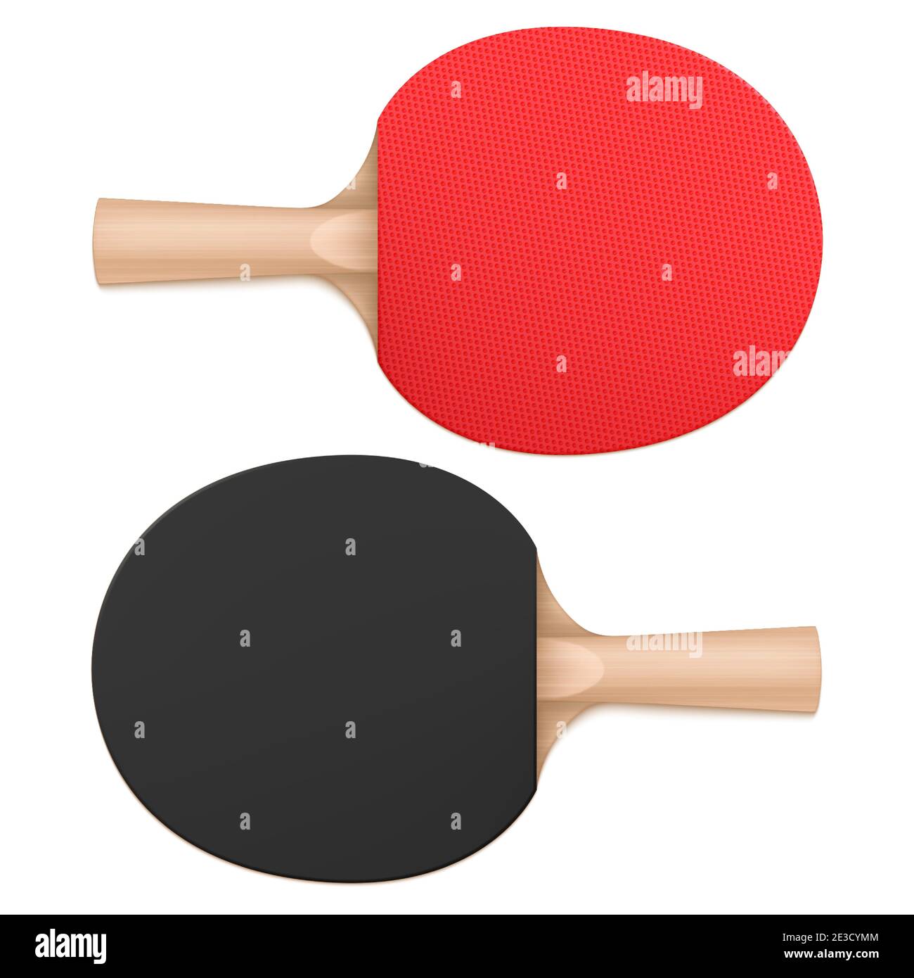 Pagaie da ping-pong, racchette da ping-pong vista dall'alto e dal basso. Attrezzatura sportiva con manico in legno e superficie in gomma rossa e nera isolata su sfondo bianco, rappresentazione vettoriale 3d realistica Illustrazione Vettoriale