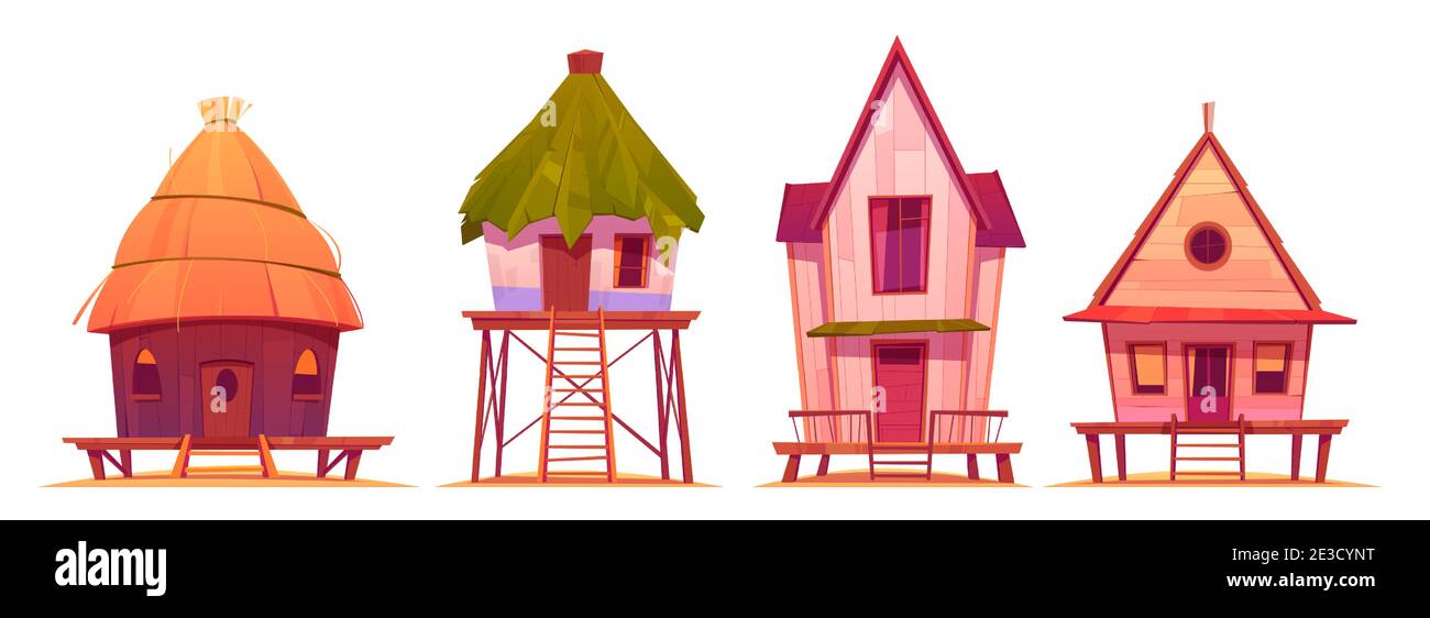 Case in palafitte estive, bungalow sulla spiaggia di mare isolato su sfondo bianco. Cartoon vettoriale di ville d'epoca per vacanze e resort su isola esotica in oceano. Piccole capanne con tetto di paglia sul molo Illustrazione Vettoriale