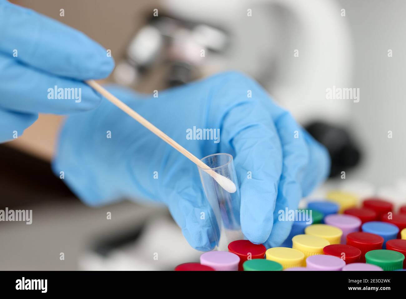 Le mani con guanti tengono la provetta e il ripiano con l'impasto Foto Stock