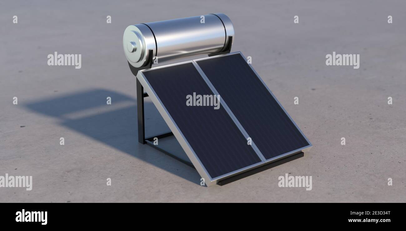 Impianto di riscaldamento ad acqua solare su fondo del tetto in cemento. Pannelli, collettori riscaldatori caldaie, concetto di fonti di energia rinnovabili. illustrazione 3d Foto Stock