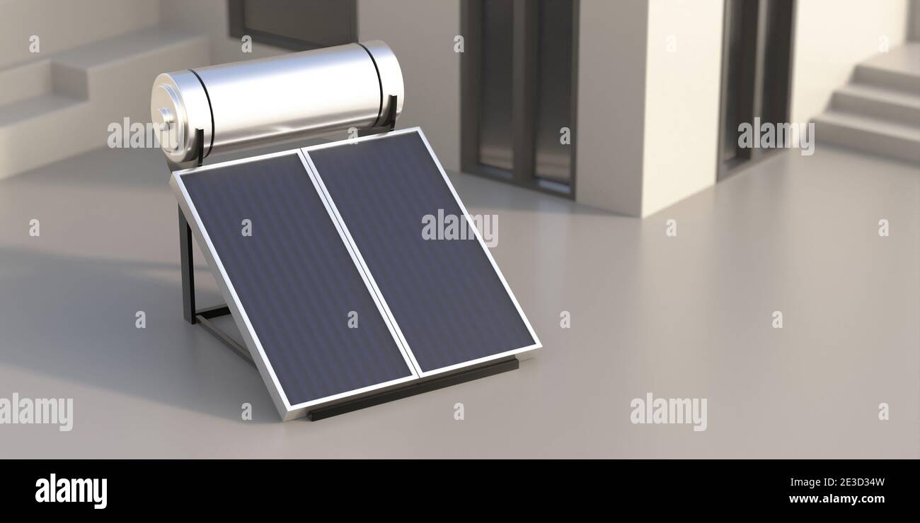 Impianto di riscaldamento ad acqua solare, pannelli, boiler heater collector, concetto di fonte di energia rinnovabile. Blur casa terrazza sfondo. illustrazione 3d Foto Stock