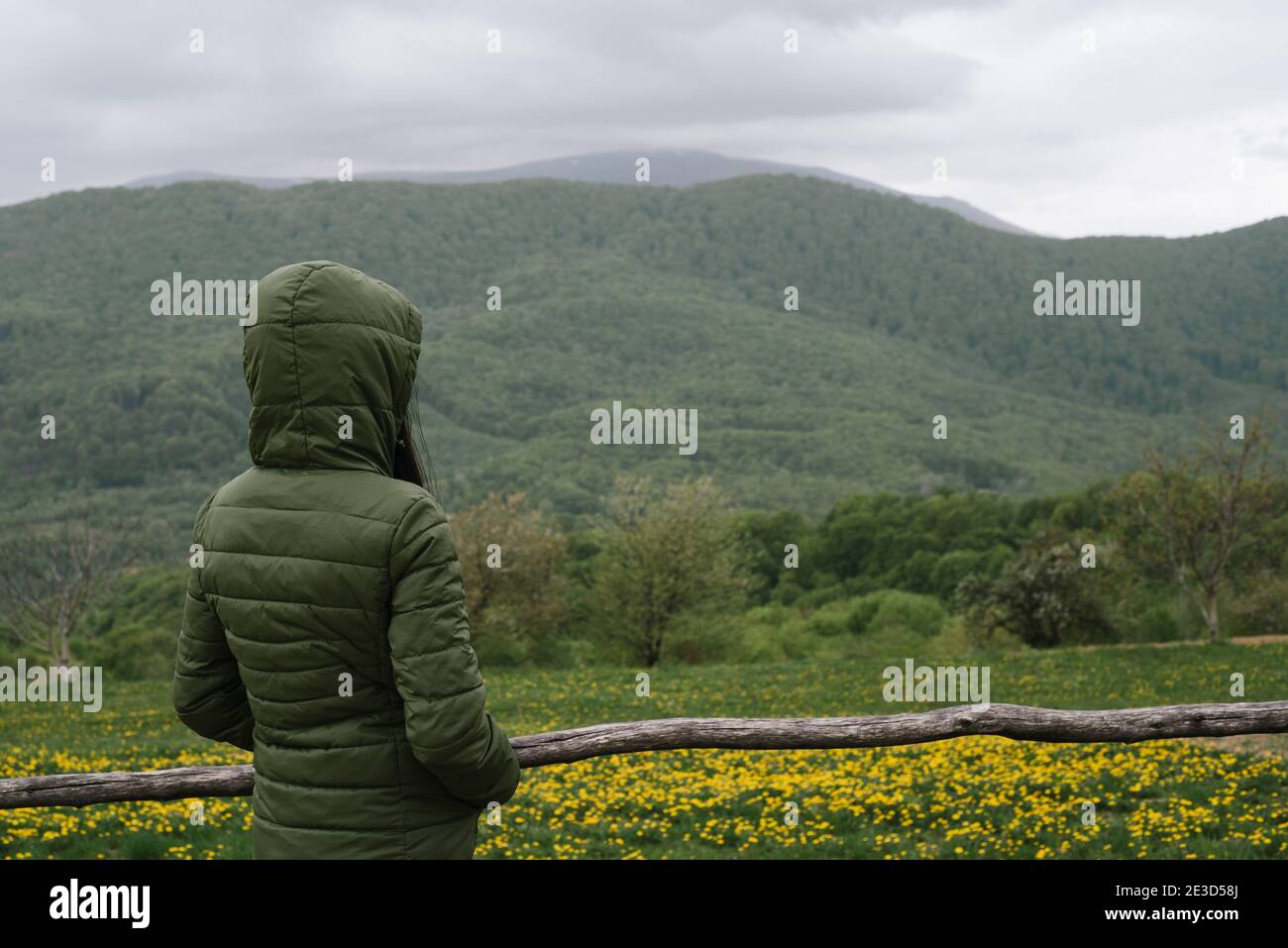 Donna che guarda verdi colline e prati fioriti in un villaggio di montagna in un giorno nuvoloso di primavera Foto Stock