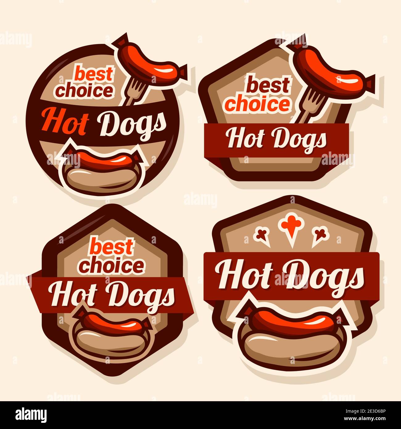 Set di badge, etichetta, logo, icone design modelli per american hotdog. Illustrazione Vettoriale