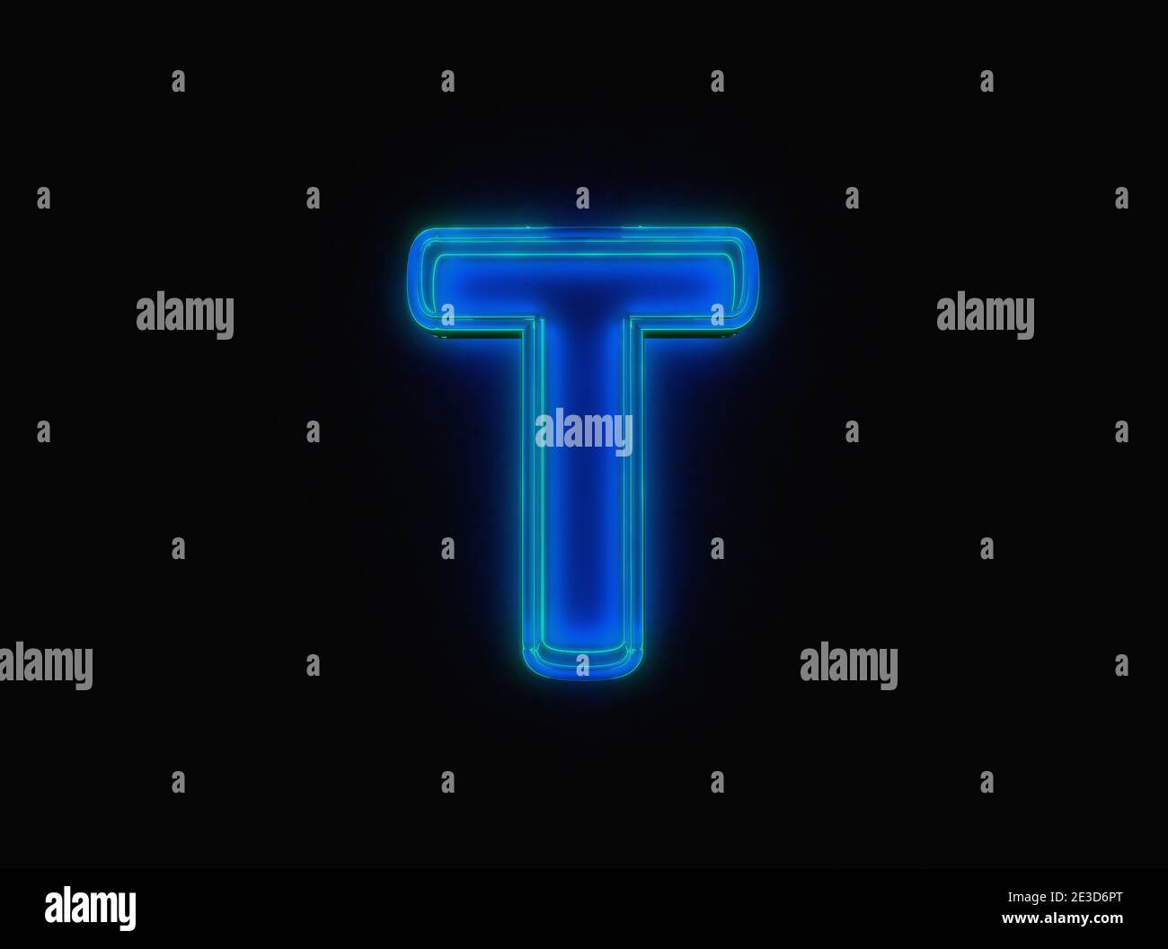 Blu - luce al neon verde Glow Glow Glow font in cristallo - lettera T isolata su sfondo nero, illustrazione 3D dei simboli Foto Stock