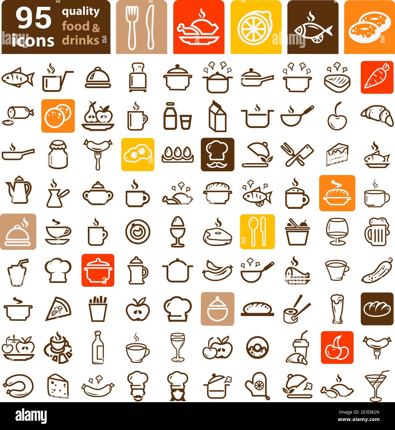 Icona della linea di cibi e bevande, set vettoriale. Illustrazione Vettoriale