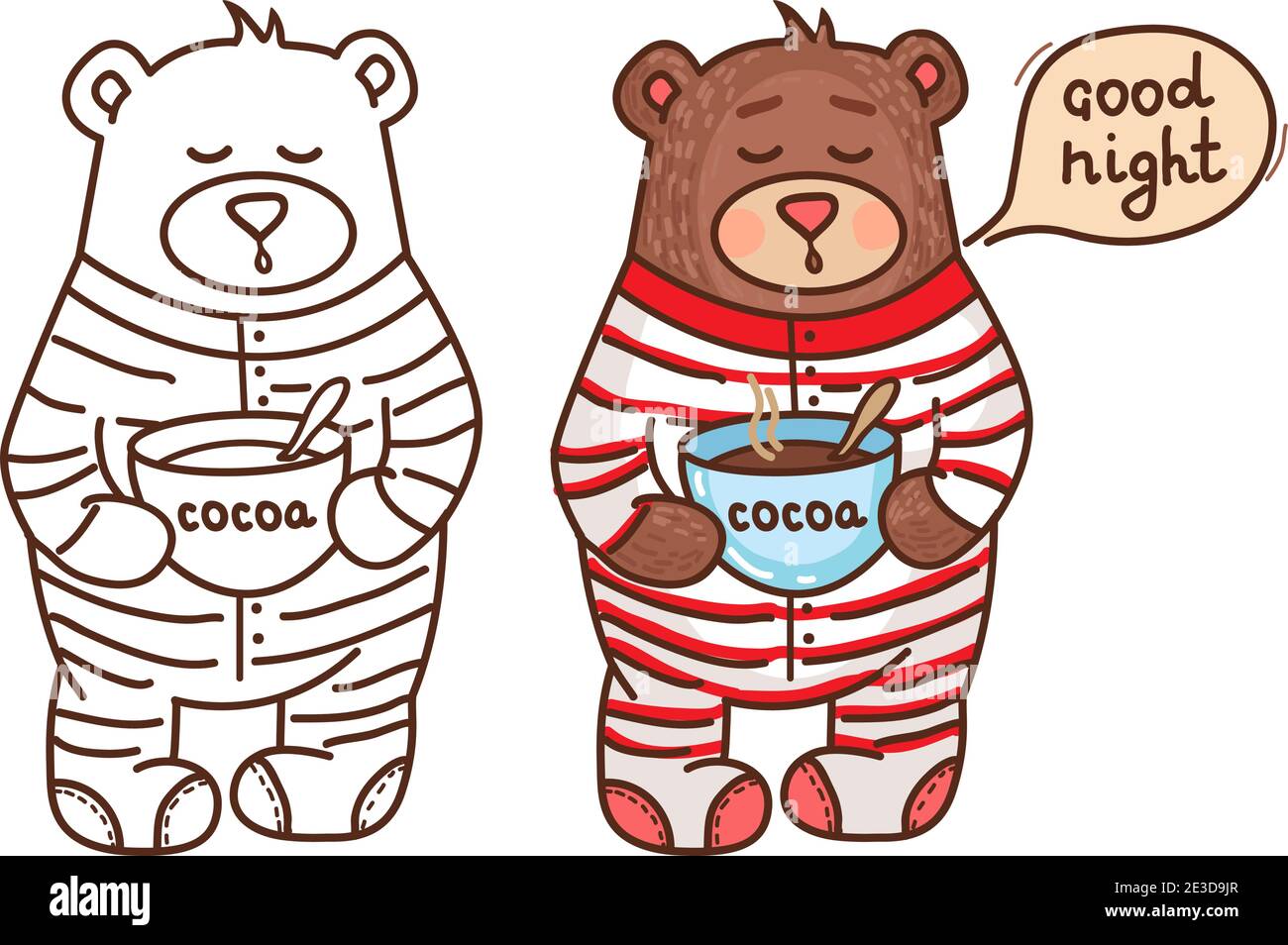 Illustrazione vettoriale con carino orsacchiotto che beve cacao e desiderato buona notte Illustrazione Vettoriale