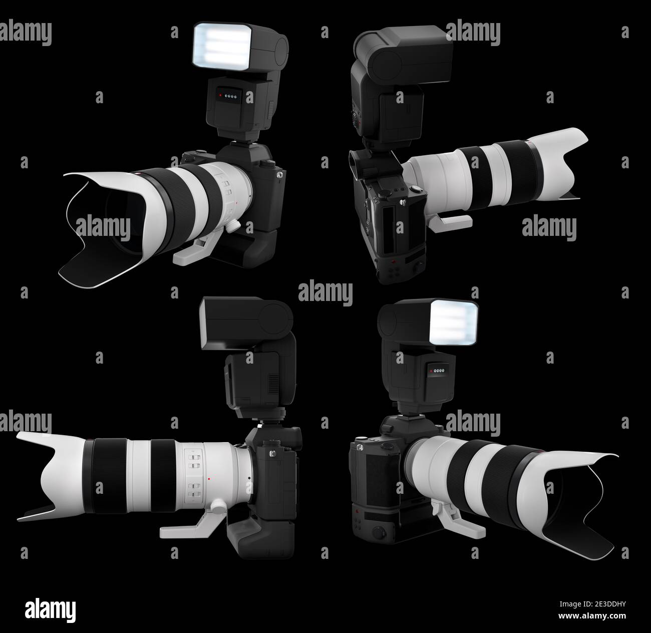 Concetto di fotocamera reflex digitale inesistente con obiettivo isolato su sfondo nero. Foto Stock