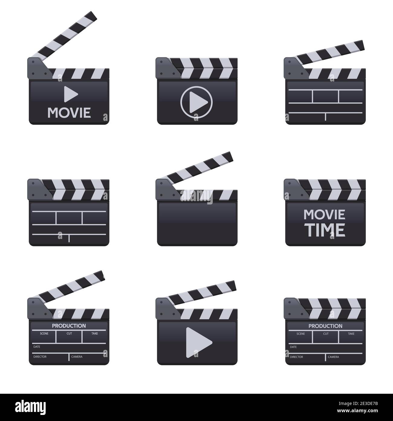 Clapperboards di film. Clapper cinematografico in legno con titoli, simboli cinematografici. Illustrazione vettoriale dei clapper di movimento Illustrazione Vettoriale