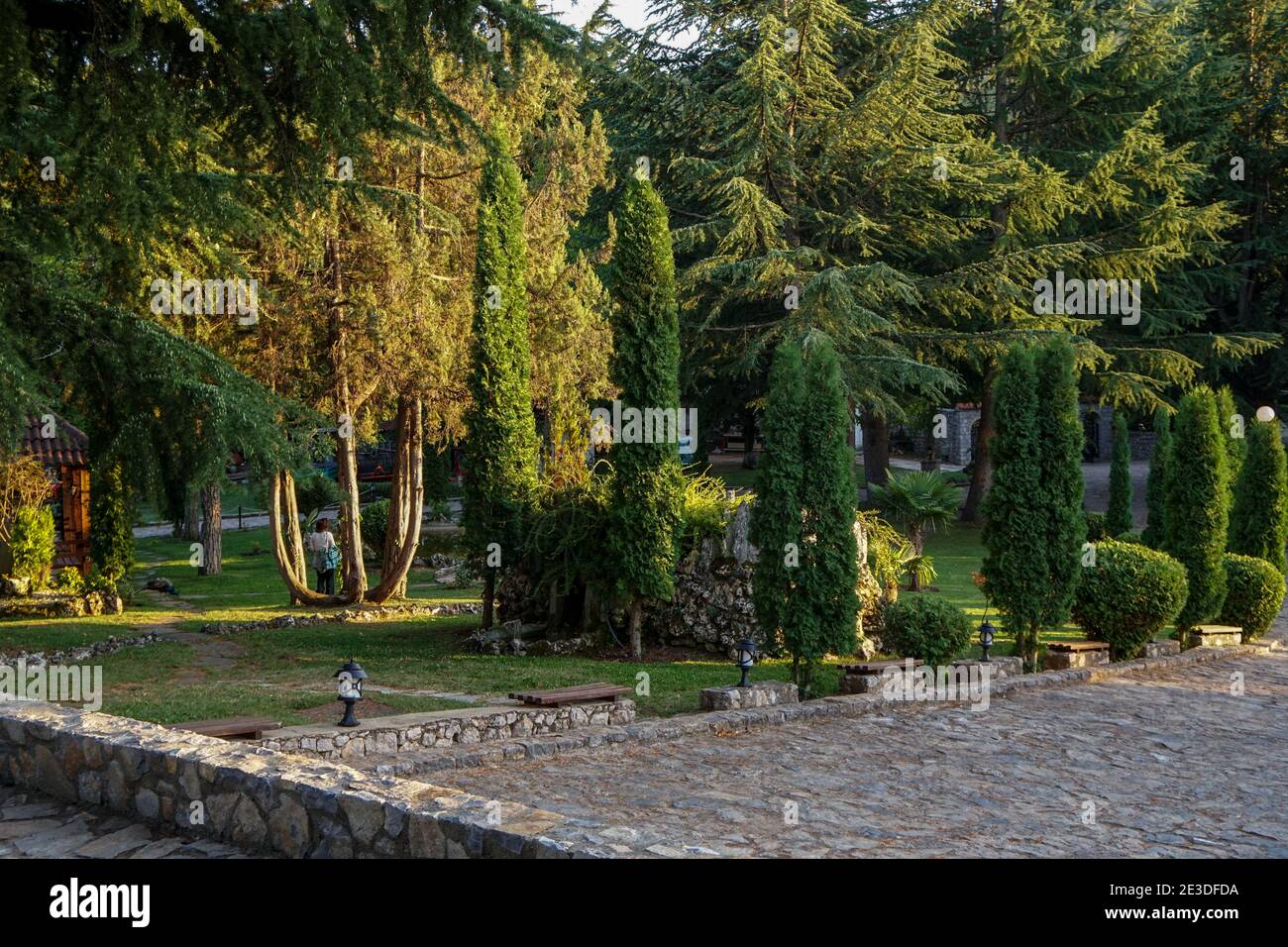 Panorama del parco pubblico della città con sentiero. Sentiero lastricato attraverso gli alberi in un parco Foto Stock
