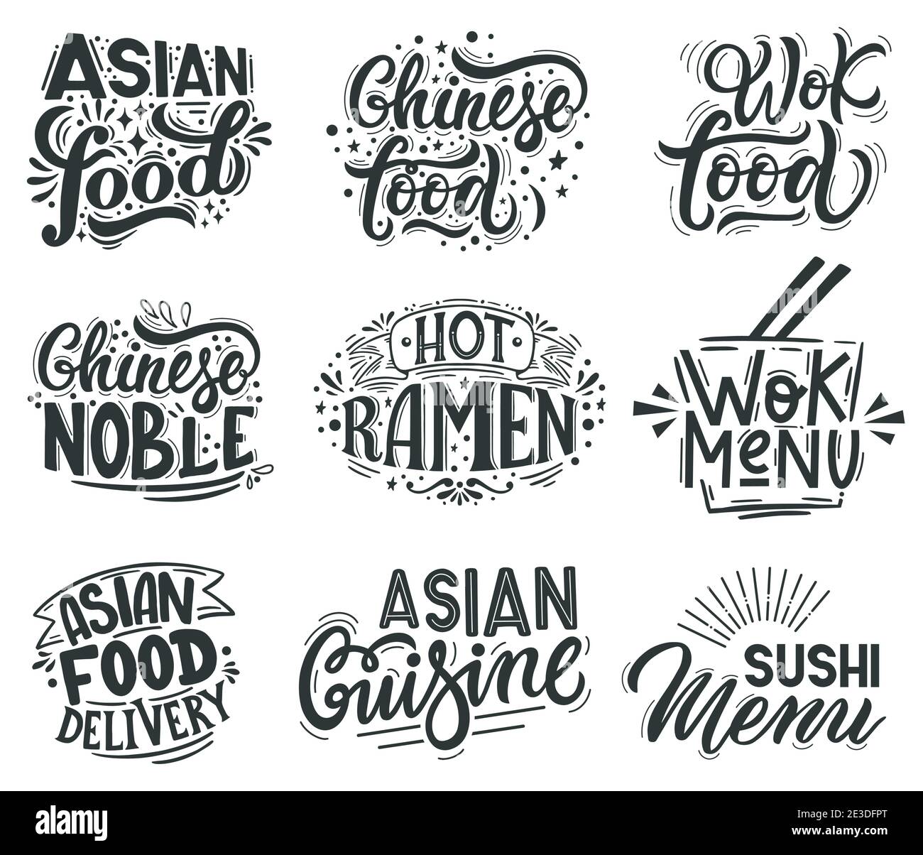 Wok asiatico. Noodle, ramen e wok caffè menu citazioni scritte, asiatici etichette di cibo tradizionale. Set di illustrazioni vettoriali per alimenti asiatici Wok Illustrazione Vettoriale