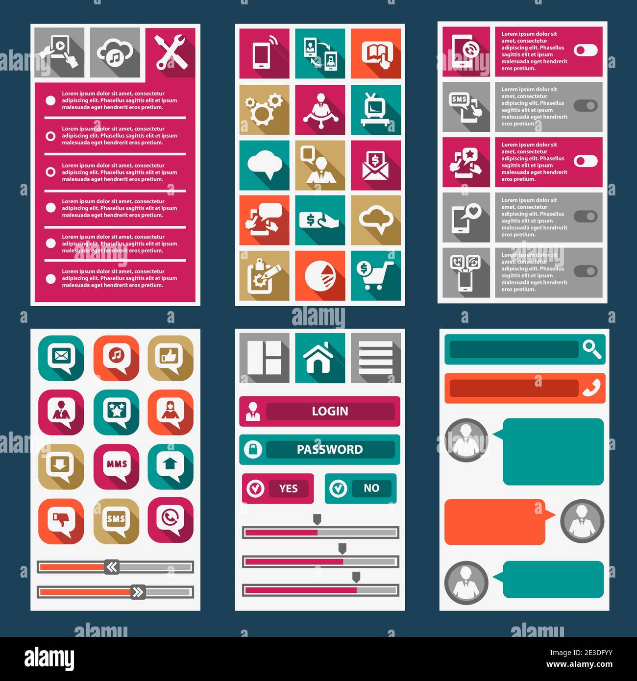 Interfaccia mobile piatta. Elementi di progettazione. Illustrazione Vettoriale