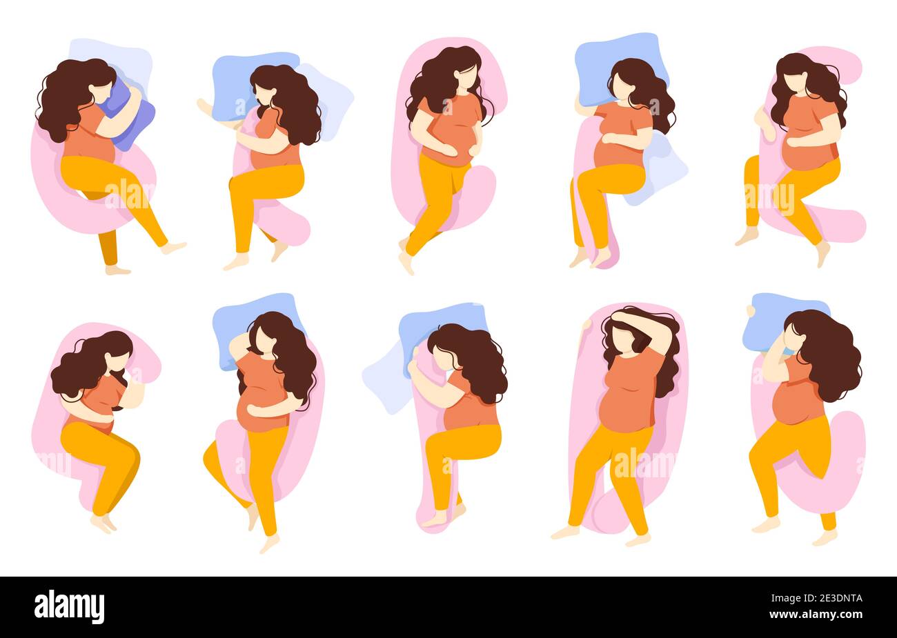 Pose di sonno incinte. Donna confortevole dormire pose, gravidanza sano sonno notte. Vari set di illustrazioni vettoriali di posa del sonno di preggo Illustrazione Vettoriale