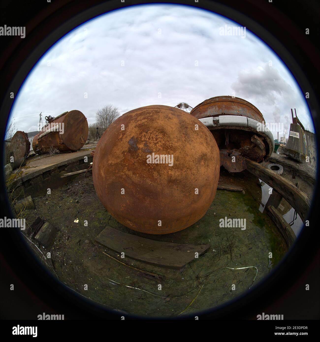 Grandi boe vecchie e galleggianti sulla riva di Tacoma in una vista fisheye. Foto Stock